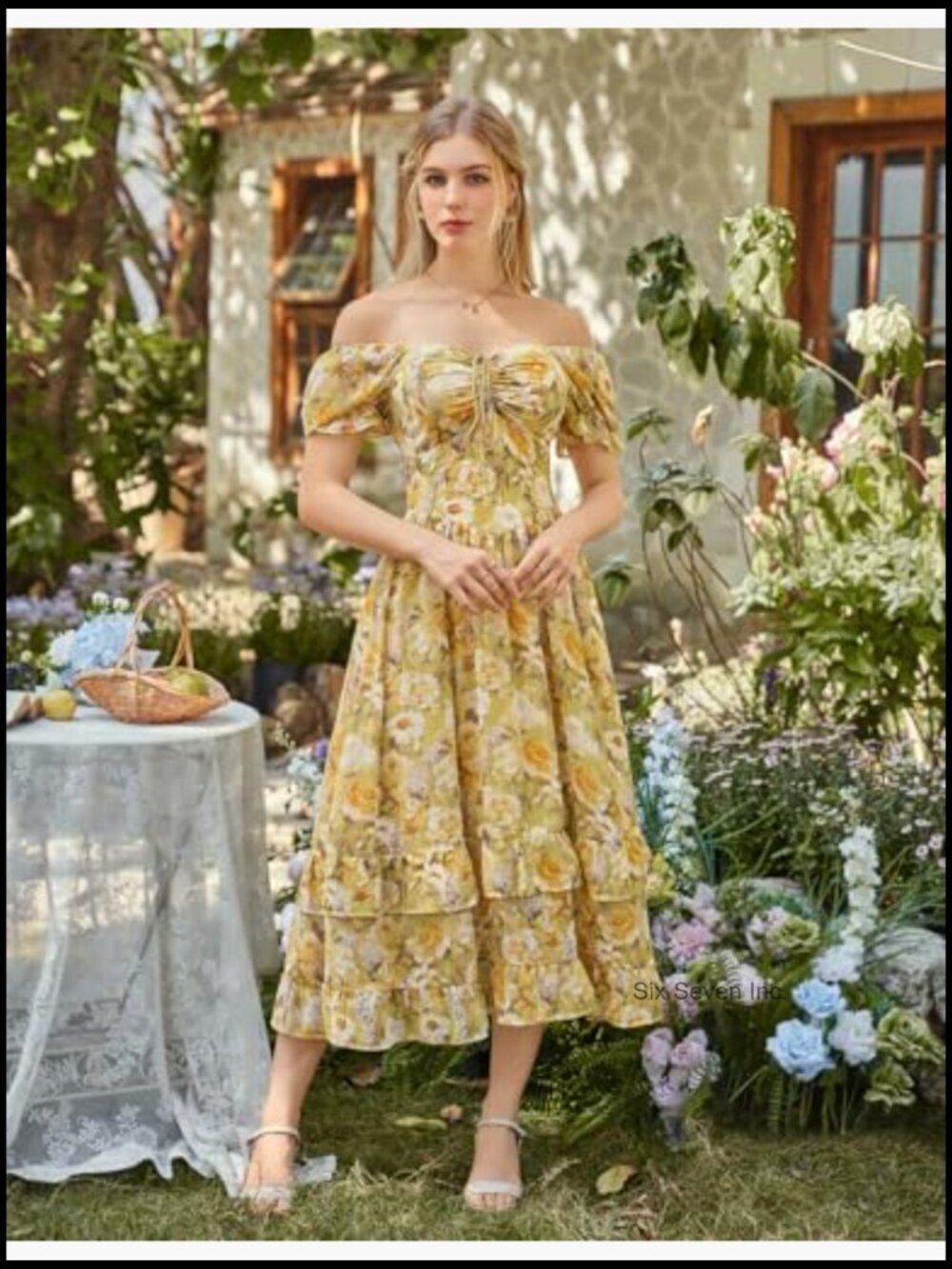Floral Cottagecore Puff Sleeve Maxi Dress with Corset Waist and Pockets - Picture 3 of 7